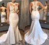 2023 Boho Mermaid Wedding Dresses Bridal Gown with Lace Applique Illusion Top Sweep Train Satin Custom Made Vestidos De Novia Plus Size Beach Garden