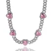 9mm Miami Cuban Chain With Pink Heart Gems Iced Out Cubic Zirconia Link Chain Necklace Charm Hiphop Jewelry