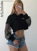 Bluzy damskie bluzy czarne przycięte bluza z długi rękaw dla kobiet z kapturem z kapturem 2023 streetwear kpop harajuku z kapturem z kapturem topy siatkowe ubrania z kapturem t230923