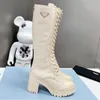 New Triangle Brushed leather nylon knee boots chunky block heels Almond toe lace-up zip booties Women's luxury designers fashion shoes factory fo u3fF#