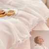 Ensembles de literie rose doux lavé coton fleurs broderie et bord en dentelle housse de couette ensemble drap de lit ou taie d'oreiller ajustée fille
