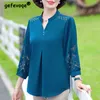 Women's Blouses Shirts Women Clothes Vintage Embroidery Elegant Blouses Summer Fashion V Neck Three Quarter Sleeve Shirts Solid Loose Ladies Tops S-5XL 230923