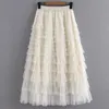 Kjolar plus storlek skikt kjol kvinnor vår mode hand mesh design hög midja md-längd botten överdimensionerade kurvkläder 230923