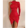 Grundläggande casual klänningar år röd festklänning glitter en skodare asymmetrisk ruched mini bodycon långärmad paljetter y korsett robescasual dh02s