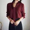 Blouses Femme Chemises Femmes À Manches Longues Chemises De Couleur Unie Bureau Dames Décontracté Blanc Noeud Papillon Col En V Blouse Formelle Vêtements De Travail Hauts D'affaires S-2XL 230923