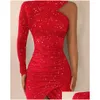 Grundläggande casual klänningar år röd festklänning glitter en skodare asymmetrisk ruched mini bodycon långärmad paljetter y korsett robescasual dh02s