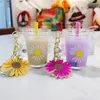 Creative Mini läskedryck Keychain Daisy Milk Cup Keychain Beverage Bubble Keyring Moving Liquid KeyFob Jewelry Gift1331U