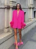 BS052 Hot Pink Pant Suits Ostrich Feather Fashionable Luxury Real Feather Embellished Diamond Shawl Collar Suit Jacket Set