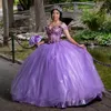 Fioletowe błyszcząca księżniczka ukochana suknia balowa quinceanera sukienki z aplikacji na ramię koronkowe kwiat kokardki vestido de 15 anos sweet 16