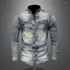 Men's Jackets Denim Shirt Retro Stand Collar Long Sleeve Patch Blue Plaid Patchwork Style Casual Camisas Chemise Homme Thin Coat