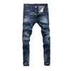 Herenjeans Mode Streetwear Mannen Retro Blauw Stretch Slim Fit Geschilderd Ripped Borduren Designer Hip Hop Merk Broek Hombre