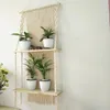 Tapestries 2 Tiers Wall Woven Wood Board Tapestry Plant Macrame Hanger Mount Decor Indoor Room Hanging Planter Vintage Art Plants