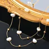 Anhänger Halsketten Leekeer 316L Edelstahl Goldfarbe Halskette für Frauen unregelmäßige Perle 2 Schichten Kette auf Hals Hochzeitszubehör