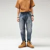 Jeans voor heren, zwaar gewassen blauw, heren, hoge kwaliteit patchontwerp, gat gescheurd, casual rechte enkellange denim broek in Safari-stijl