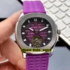 New 5067A-022 Purple Texture Dial Tourbillon Automatic Womens Watch 316L Steel Case Purple Rubber Strap Fashion Sport PPHW Lady Wa262d