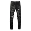 Men's Jeans High Street Fashion Purple Men Retro Black Gray Stretch Skinny Fit Ripped Patch Designer Hip Hop Brand Pants Hombre