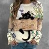 Outono inverno roupas femininas impressão de gato blusa casual camisa solta em torno do pescoço pulôver manga longa oversize moda novo topo