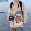 Dolcevita da uomo Shark Maglione da uomo 2023 Inverno Patchwor Harajuku Collo alto stile coreano oversize dolcevita grigio per uomo