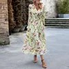 Casual Dresses Women Printed V-neck Dress Spring Autumn Thin Slim Long Flounce Sleeve For Vestidoes Women's Clothing