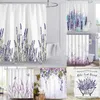 カーテンラベンダーポリエステル紫色の花の花植物防水シャワーカーテンバスルーム用の透明なプラスチックセットファブリックフックリング