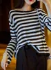 女性用セータープルオーバー女性ストライプルーズデザインクールな薄い夏の太陽 - カジュアルシックな韓国スタイルの基本的な居心地の良いオールマッチムージャーヤング
