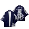 エスニック衣類ブルーレッドファッションカーディガンメンズビーチ着物日本語通りのスタイルタイガープリント夏のブラックハオリユカタハラジュク