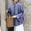 Johnature-Blusas japonesas de lino con orejas para mujer, camisas holgadas con mangas de globo, Retro, informal, Color sólido Irregular, otoño 2023