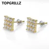 TOPGRILLZ Hip Hop 3 rangées cubique Zircon carré boucles d'oreilles hommes femmes bijoux or argent couleur CZ boucle d'oreille avec vis arrière boucle 231G