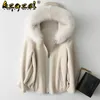 Womens Fur Faux Mantel Bulu Asli Korea Kerah Rubah Jaket Wol Musim Gugur Dingin Pakaian Wanita Domba Shearling Lapisan Suede T3520 230922