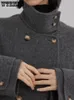 Mélanges de laine pour femmes épaissir manteau Long en laine femmes vêtements d'extérieur Vintage veste mélangée rabattue dames gris élégant manches Raglan tenue automne hiver 230922