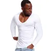 T-shirts pour hommes col en V profond t-shirt pour hommes coupe basse col large top t-shirts mâle pur coton coupe ajustée à manches longues t-shirt 230923