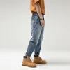 Jeans voor heren, zwaar gewassen blauw, heren, hoge kwaliteit patchontwerp, gat gescheurd, casual rechte enkellange denim broek in Safari-stijl