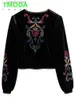 Vestes Femmes T Moda Femmes Mode Contraste Broderie Velours Crop Ouvert Blazer Manteau Vintage À Manches Longues Femelle Survêtement Chic Veste Femme T230923