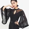 Stage Wear Long Sleeve Mesh Patchwork Ballroom Dance Bodysuit White Black Latin Shirt Waltz Tango Dancewear B10031