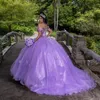 Fioletowe błyszcząca księżniczka ukochana suknia balowa quinceanera sukienki z aplikacji na ramię koronkowe kwiat kokardki vestido de 15 anos sweet 16