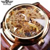 Vinnare Transparent Golden Case Luxury Casual Design Brown Leather Strap Mens Watches Top Brand Luxury Mechanical Skeleton Watch253h