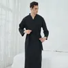 Men's Sleepwear 2023 Waffle Check Nightdress Loose Long Sleeve Casual Nightgown Men Pyjamas Bathrobe Male Female One-piece Night Skirt