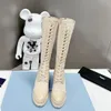 New Triangle Brushed leather nylon knee boots chunky block heels Almond toe lace-up zip booties Women's luxury designers fashion shoes factory fo u3fF#