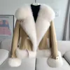 レディースファーフェイクプディファッション女性スエードジャケットダックダウンライナーウィンターコートと大きな本物の襟ct313 230922