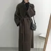 Женское полушерстяное пальто, длинное шерстяное пальто, женская осенне-зимняя верхняя одежда с лацканами, пояс, однотонная верхняя одежда, элегантная шерстяная куртка с длинными рукавами 230922