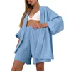 女性用スリープウェア女性S 3 4スリーブパジャマセットマッチングショーツとベルト - 睡眠リラクゼーションのための快適なラウンジウェア
