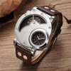 Oulm Fashion Silver Case Men's Watches Dual Time Zone Pu Leather Wristwatch Casual Sports Male Watch Relogio Masculino Wristw2860