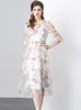 Grundläggande avslappnade klänningar 2024 Fashion Elegant Mesh Ruffle Party Dress Women Autumn New Flower Print Gaze Long Dresses Female Clothing
