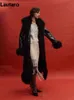 Women's Leather Faux Fur Lautaro Spring Autumn Long Black Shiny Patent Pu Coat Women with Trim Luxury Designer Clothing European Fashion 230923