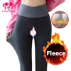 Pantalon actif femme hiver ouvert entrejambe polaire épais Leggings Inble fermeture éclair Sport de plein air entrejambe Clubwear chaud garder thermique