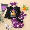 Clothing Sets 3Pcs Infant Girls Clothes Pumpkin Print Long Sleeve TopsSuspenders ShortsHeadbands My First Halloween Costume 3 6 12 18M 230923