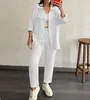 여자 2 피스 바지 2023 패션 캐주얼 더블 레이어 크레페 느슨한 크기 폴로 칼라 긴 소매 셔츠 세트