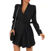 معاطف الخندق النسائية v-neck label long long leaist heys leased blazer dress النساء