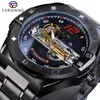 Forsining Transparent Automatic Men Watch Golden Bridge Mechanical Black Stainless Steel Band Skeleton Watches Relogio Masculino286S