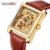 Ouyawei Mechanical Watch Men Brand Wristwatch Leather Strap Self Wind Gold Skeleton Watch for Case Rectangle Sport Montre Homme242e